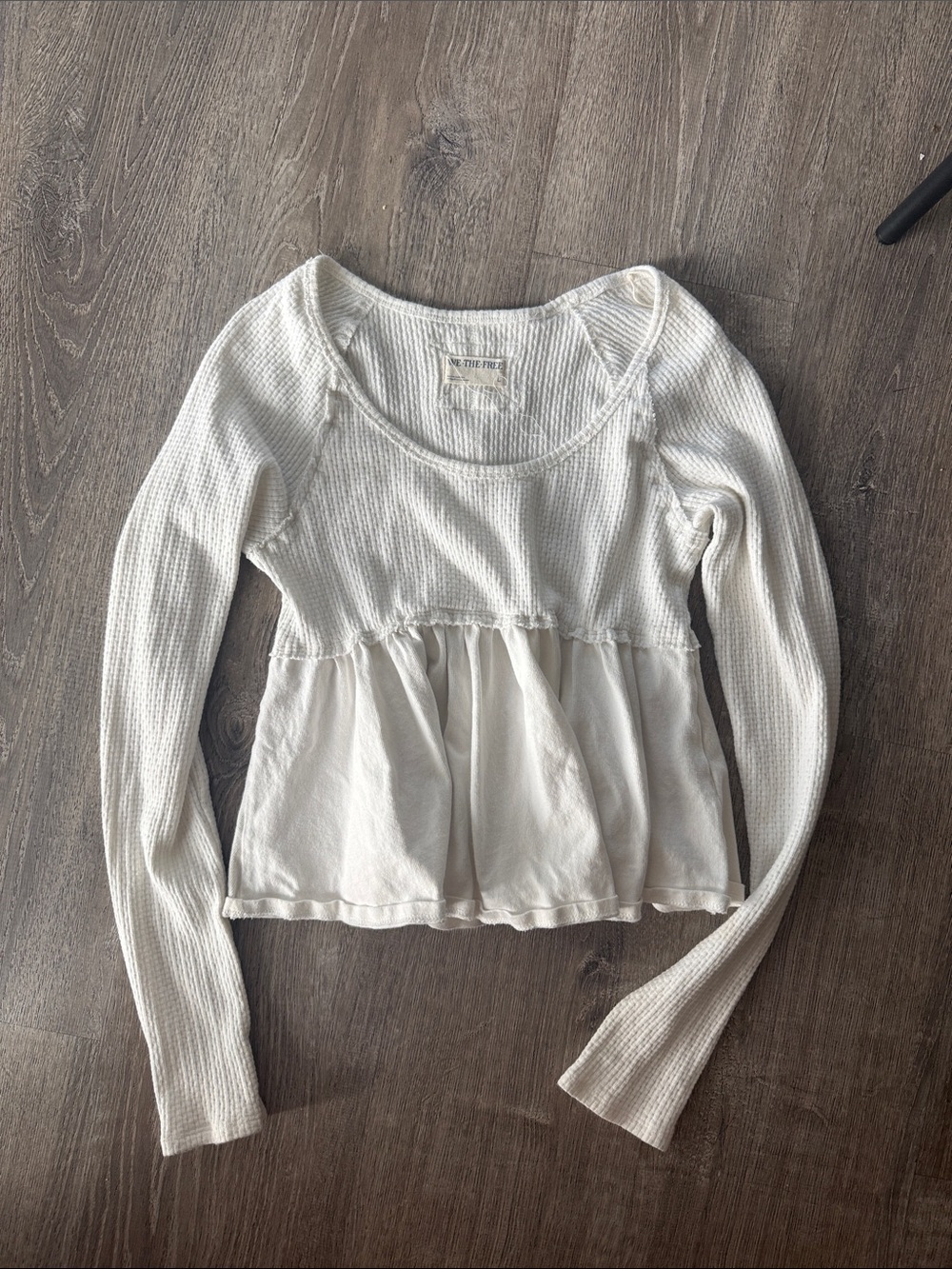 Free People Cream Waffle-Knit Peplum Long Sleeve Top